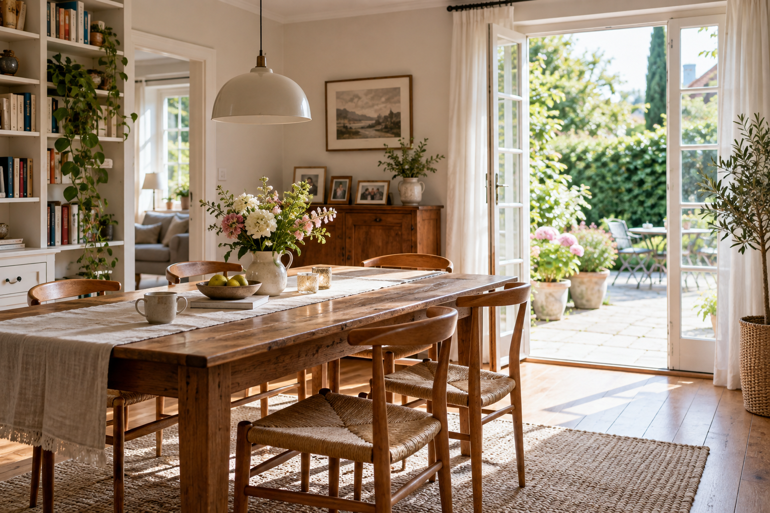 Heller Raum mit Tisch, Familienfotos und Blick in den Garten